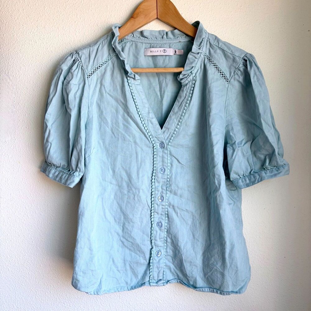 BILLY T Ruffle Soft Blue Puff Short Sleeve Chambray Blouse Womens Medium Petite